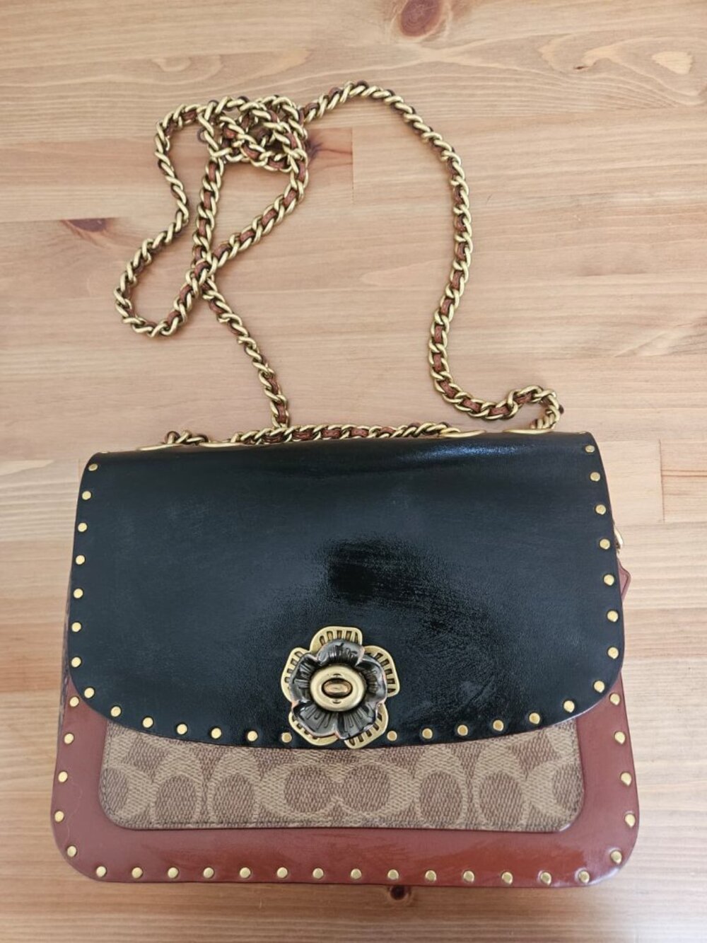 Coach Parker Black and Brown Shoulder Bag with Snake Skin And Chain Strap Detail